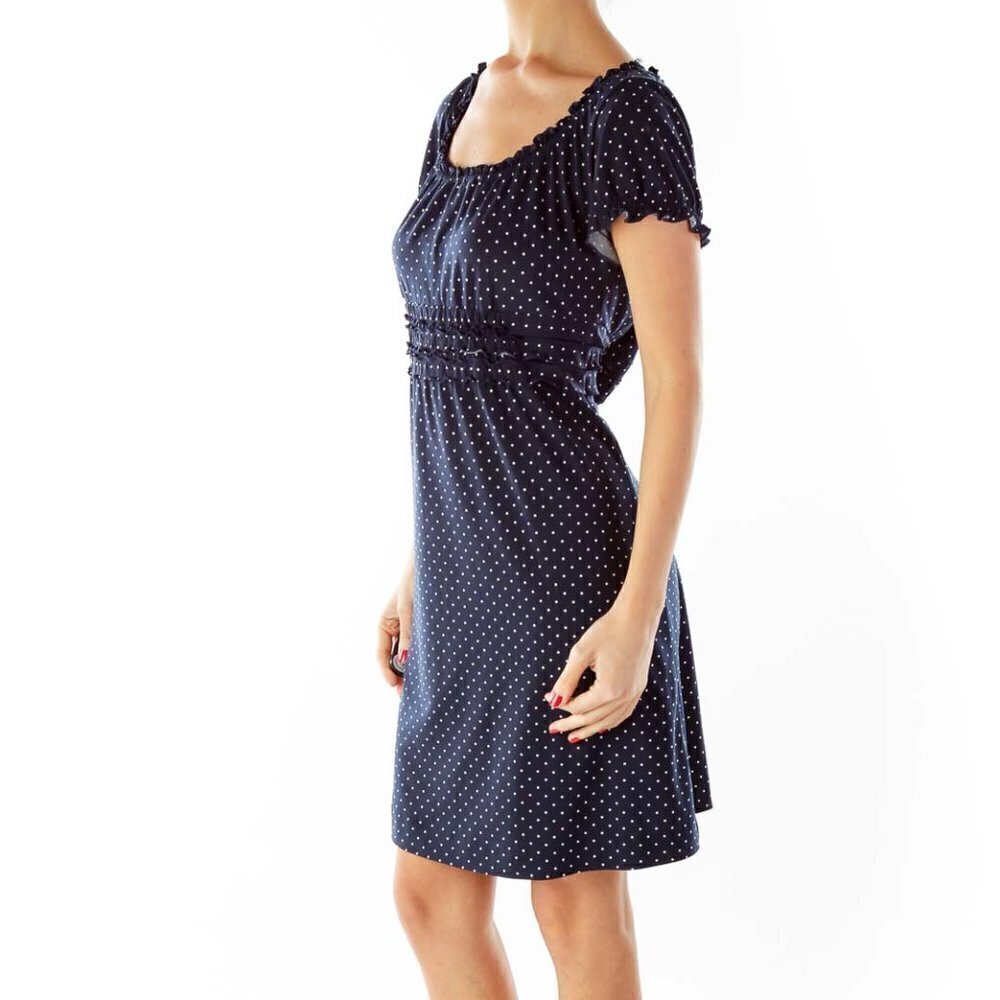 BCBG MaxAzria Navy White Scrunched Polka-Dot Day Dress - Picture 3 of 3